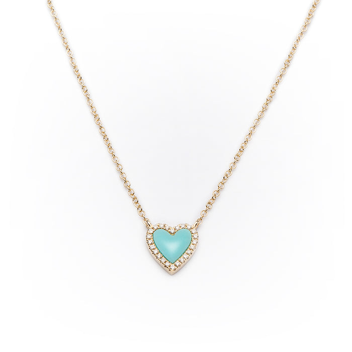 Turquoise + Pavé Diamond Heart Necklace in 14k Yellow Gold