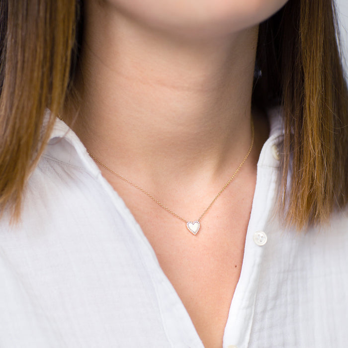 Mother of Pearl + Pavé Diamond Heart Necklace in 14k Yellow Gold