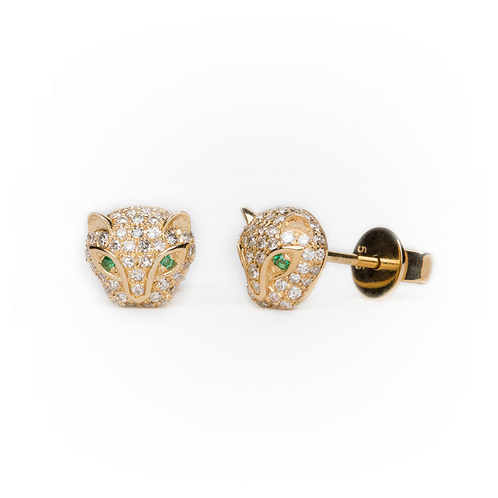 Panther Earring in 14k Gold with Pavé Diamonds and Emerald Eyes