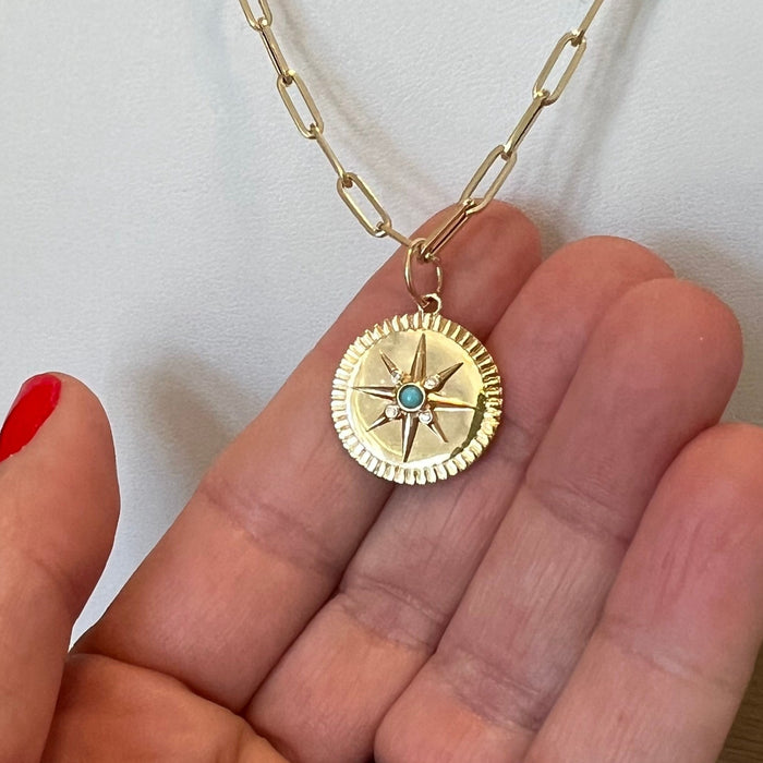 Small Gold Compass Pendant with Turquoise + Diamonds