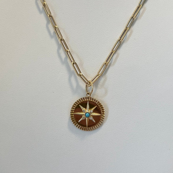 Small Gold Compass Pendant with Turquoise + Diamonds